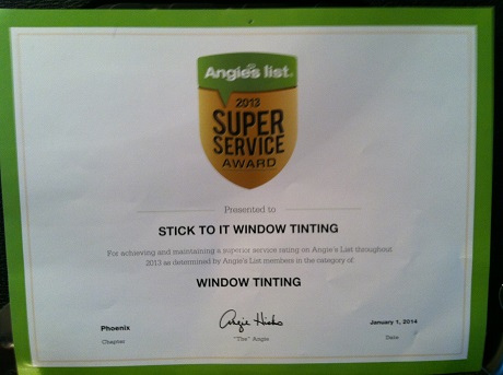 Angie's List Award Outstanding Window Tinting, Phoenix AZ